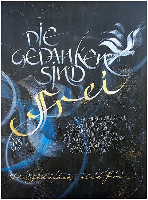 <b>Titel:</b> Die Gedanken sind frei    <b>Technik:</b> Acryl mit Pinsel und Feder  <br /><b>Gre:</b> 90 x 120 cm    <b>Preis:</b> 290,- Euro
