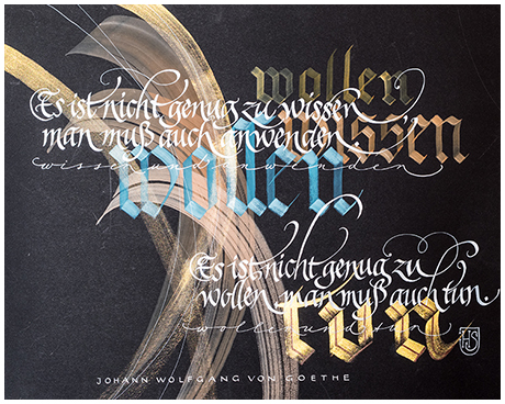 <b>Titel:</b> Es ist nicht genug zu wissen... J. W. v. Goethe <b>    Technik:</b> Tusche/Feder/Pinsel auf Ultra-Schwarzkarton   <br /><b>Gre:</b> 30 x 40 cm    <b>Preis:</b> 200,- Euro