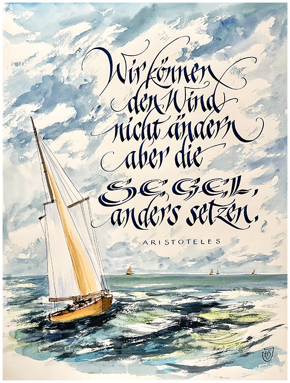 <b>Titel:</b> Wir knnen den Wind nicht ndern <b>    Technik:</b> Aquarell auf Bttenpapier mit Feder und Pinsel   <br /><b>Gre:</b> 50 x 70 cm Auenma inkl. Passepartout   <b>Preis:</b> 330,- Euro